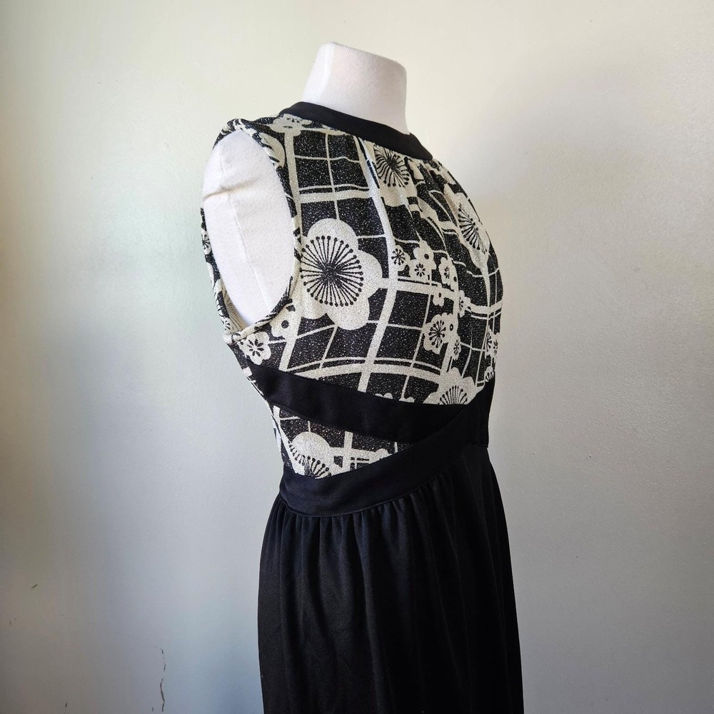 Vintage 70s Black Silver Floral Lurex Disco Diva Maxi Dress Gown Polyester M/L - Picture 4 of 6